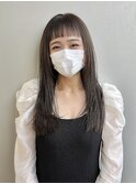 オン眉ロング似合わせカットイメチェン暗髪グレージュフルバング