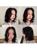ミディアムパーマ黒髪レイヤー顔まわり前髪グレージュ20代30代