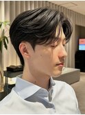 シースルーセンターパート毛流れパーマニュアンスパーマ黒髪