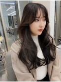 韓国ヘア_カーキグレージュフェザーバングシースルーバング