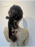編みおろし ヘアセット ベロアリボン アレンジ