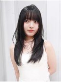 顔周りレイヤーロング前髪カット黒髪ウルフレイヤー_F1174