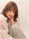 外ハネ波巻きミディ×ミルクチョコレート/春パーマ/ゆるふわ巻き