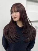 イメチェンハッシュカットフルバングレッドブラウン
