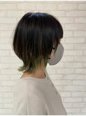 大人可愛い艶カラーカーキブラウンミニウルフエンドカラー