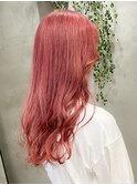 コーラルピンク、ピンクカラー、ブリーチカラー、ロングヘア