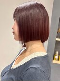 ブリーチなしダブルカラーピンクチェリーレッドブラウン暖色ボブ