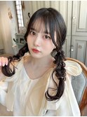 シースルーバング編みおろしツインテール