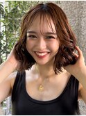 ミディアムパーマデジタルパーマボブパーマチェリーブラウン前髪