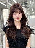 憧れうるツヤ韓国くびれロング/薄めぱっつん前髪/ピンクブラウン