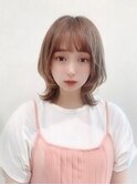 大人ミディアムボブウルフミルクティーピンク透明感20代30代40代