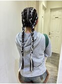 強めアレンジ リボン編みこみツイン