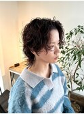 ボルドーパーマハンサムショートウルフダブルカラー