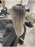 バレイヤージュ、ハイライト、レイヤーロング、グレーベージュ