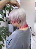 ホワイト×レッド ダブルカラー、ハイトーン、ブリーチカラー