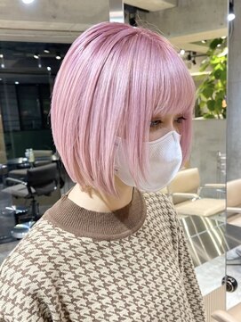 サンク 原宿 表参道(cinq) ダブルカラーピンクベージュケアブリーチミニボブナチュラルボブ