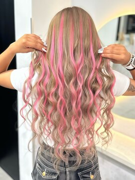 ラピス 福岡天神店(Lapis) ホワイトミルクティーベージュ×ピンクハイライトメッシュ