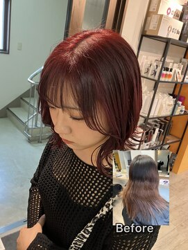 コワファースト長崎シャンプーボーイ 2nd(COIFF1RST 長崎 SHAMPOO BOY) 長崎 ブリーチなしダブルカラー カシスレッド