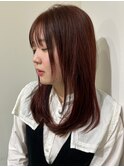 レイヤーロング レッドブラウン 顔周りカット