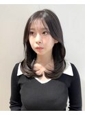 似合わせカットフルバングレイヤーミディアム黒髪アッシュカラー