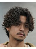 渋谷ルーズパーマメンズマッシュウルフセンターパートカット