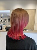 ウルフカット,ツートン,ピンク,ミルクティーベージュ【草加】