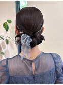 ヘアセット　お団子まとめ髪リボンスタイル　ドレスお呼ばれ
