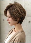 【50代60代】大人ショートボブ／面長／白髪ぼかし／髪質改善
