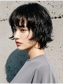 ハイライトクラゲヘアミニボブ成人式パーマミディアム裾カラー