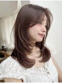 かき上げ前髪ハイレイヤーカットミディアムチョコレートブラウン