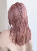 ピンクベージュロング_外ハネボブセクションカラー_ba390912