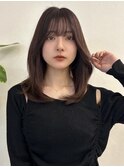 薄めバング長めバングフェイスレイヤーミディインナーグレージュ