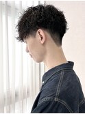 ブルーブラック　フェザーパーマ　サーフカール　センターパート
