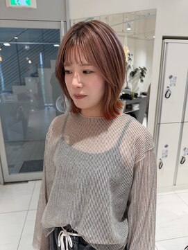 ステラ ヘア デザイン サロン(STELLA hair design salon) ミディアムボブレイヤー ミルクティー毛先オレンジ 【杉若】