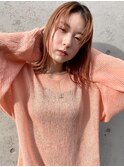 ミディアム外ハネレイヤーカットオレンジベージュブリーチ透明感