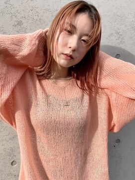 ラミエバイメルト 下北沢(lamie by melt) ミディアム外ハネレイヤーカットオレンジベージュブリーチ透明感