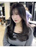 【レイヤーロング】似合わせカットフルバング黒髪アッシュカラー