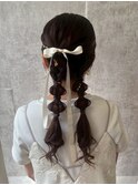 結婚式お呼ばれツインシニヨン編み／ヘアセット/リボン/アレンジ