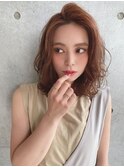 小顔セミウェットウェーブピンクベージュハイライトカラー