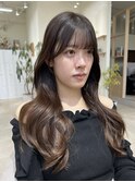 小顔薄めバンググレージュレイヤーロング前髪パーマ黒髪