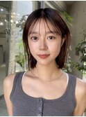 切りっぱなしボブチェリーブラウンミニウルフ前髪縮毛矯正表参道