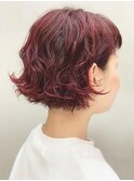 赤髪.パーマ ボブ ミニボブ ブリーチなしダブルカラー くせ毛風