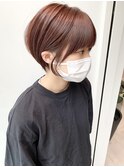 朝楽小顔ショートマッシュ耳かけ艶カラーピンクブラウン
