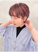 ピンクレッドカラー×ショートパーマ