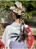 卒業式ヘアセット　袴　水引　銀箔金箔