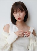 大人小顔暗髪黒髪艶髪内巻きボブアプリコットオレンジハイライト