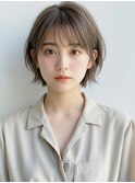 ブリーチなし艶感ショートボブ前髪ありくびれヘアグレージュ