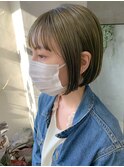 ミニボブ、前下がりボブ、オリーブベージュ、ブリーチ1回