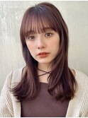 ピンクブラウン お顔まわりレイヤー ぱっつん前髪 ワイドバンク