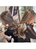 ハイライトカラーくびれヘアアプリコットオレンジ